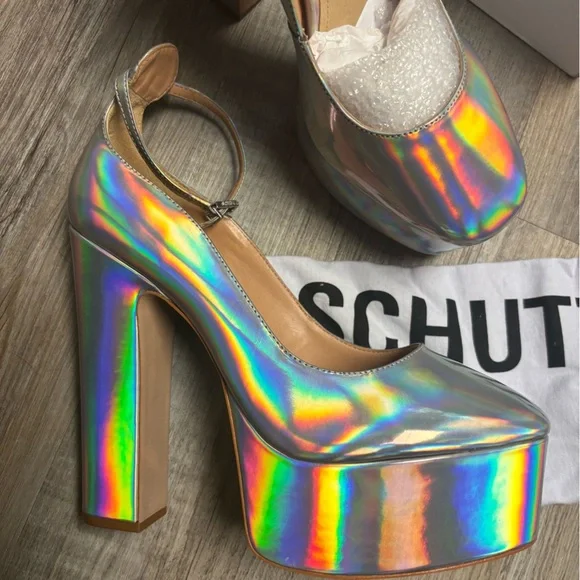 NEW Schutz Renee Ankle Strap Platform Pump Hologram Heels